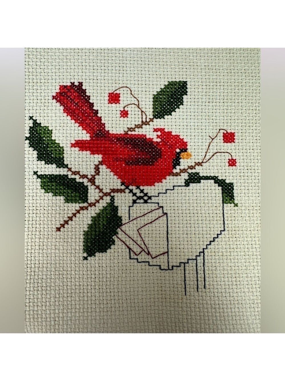 Cardinal and Mailbox Counted Cross Stitch Hand Completed Needlework panel VTG